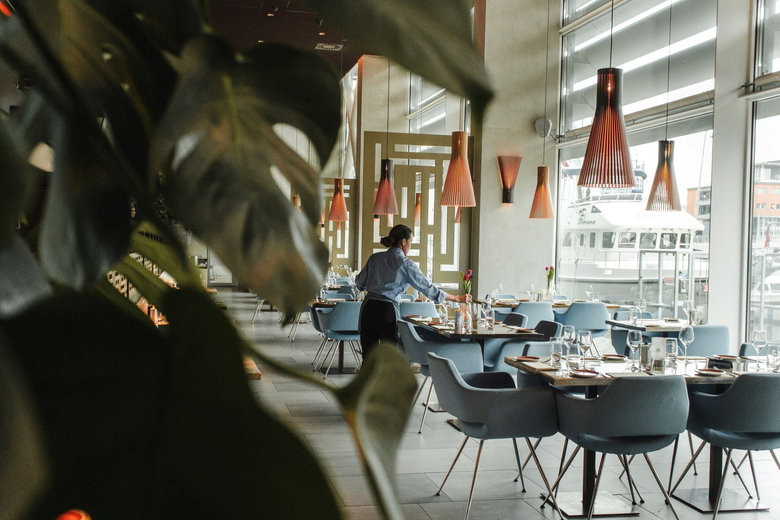 A person sets tables in a modern, stylish restaurant with blue chairs and large windows. Warm pendant lights hang from the ceiling, and a plant partially obscures the view in the foreground.